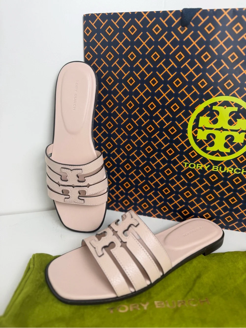 Tory Burch Pale Pink Leather Triple-Strap Logo Slide Sandals
